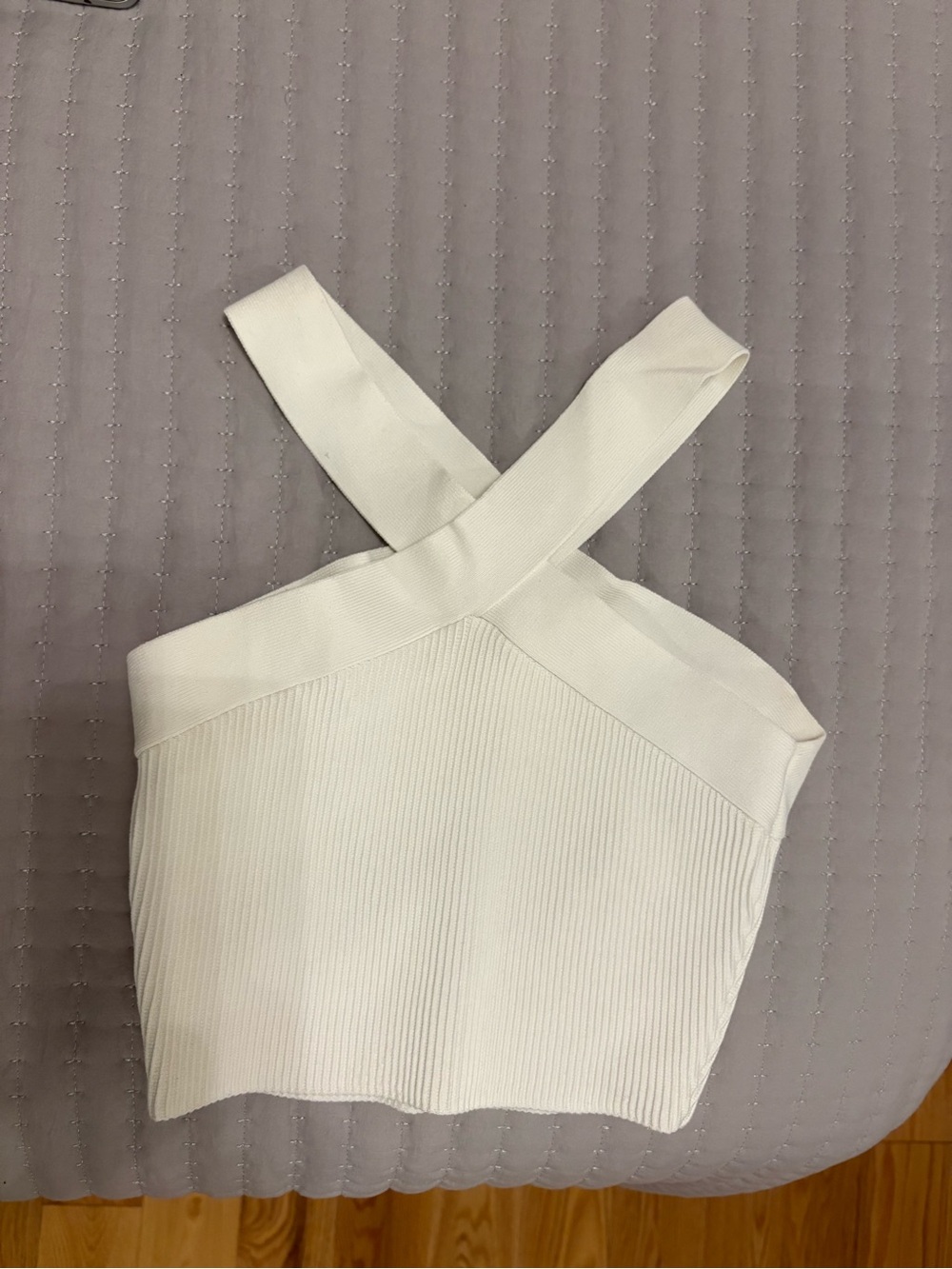 Aritzia Babaton White Cross-Strap Ribbed Crop Top